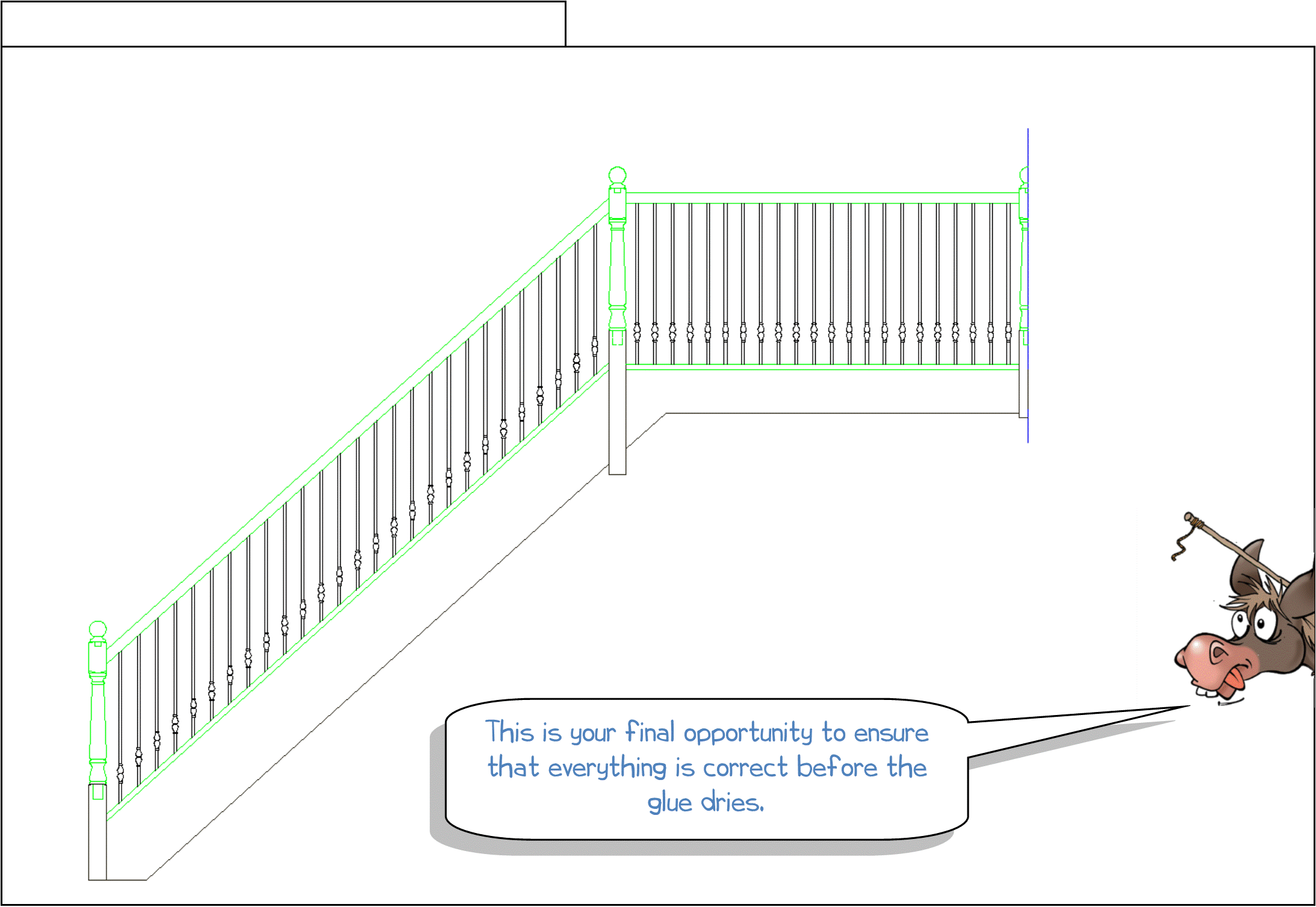 Fitting instructions, Richard Burbidge, Elements, Metal, stair parts, Step 27, Check all fittings. Wonkee Donkee says "This is your final opportunity to ensure that everything is correct before the glue dries.;quot drawing, stairs, completed newel installation.