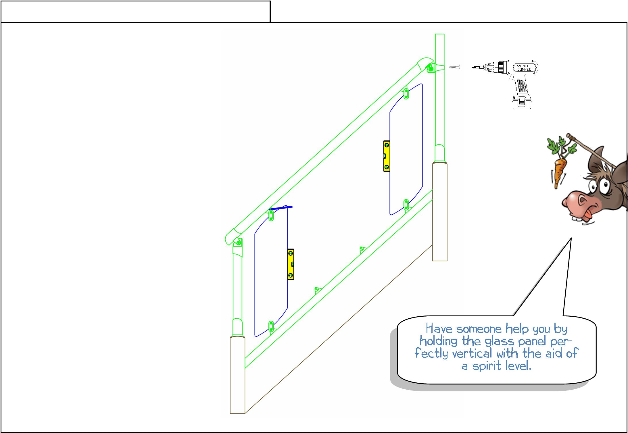 Step 20 - Secure connectors to newel posts marking out, Fusion GLASS panels, GLASS panels, staircases, landings, Fusion, baserails, handrails, newel posts, newel caps, WONKEE DONKEE says:"Have someone help you by holding the glass panel perfectly vertical with the aid of a spirit level."