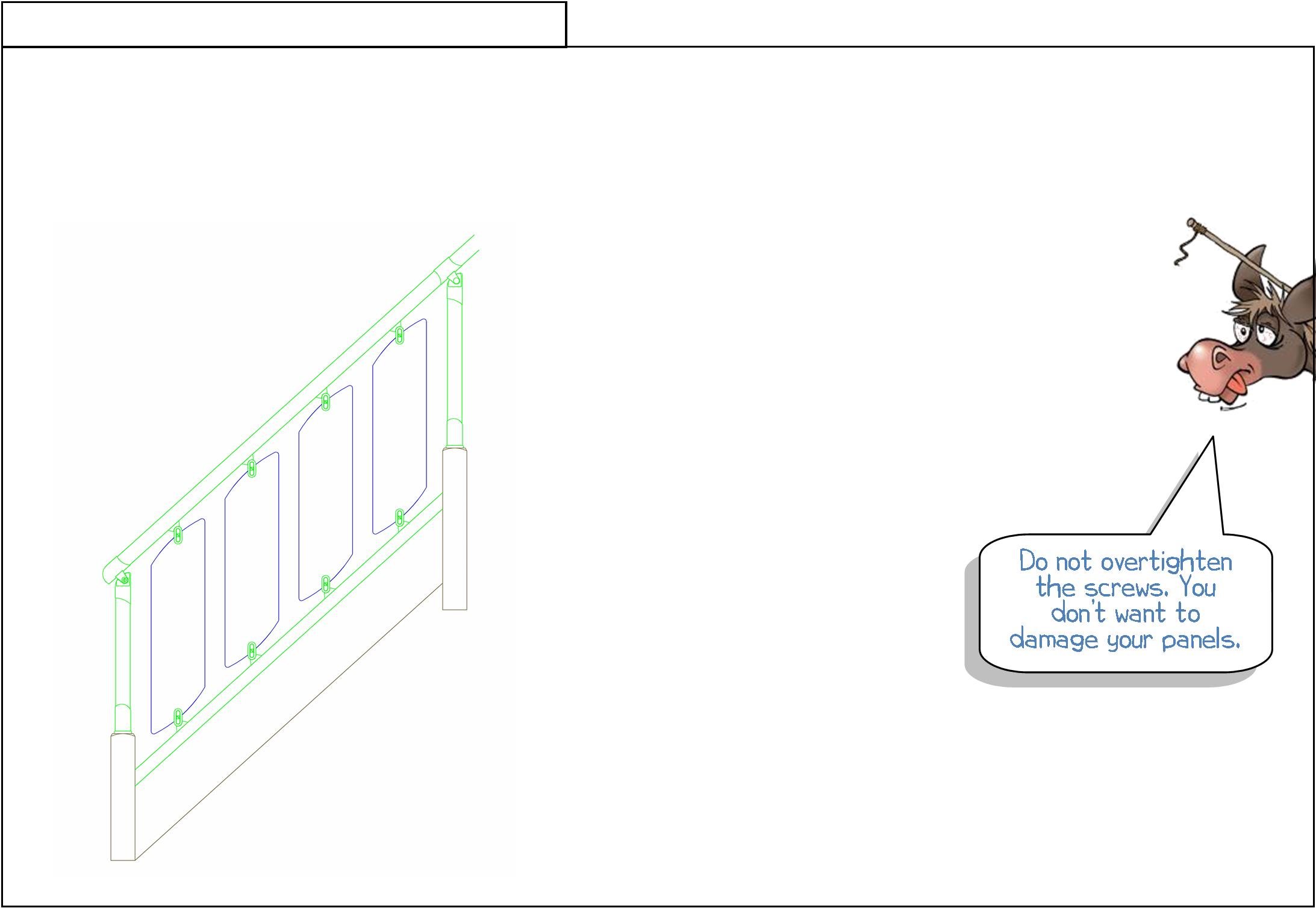 Step 24 - Assemble glass panels marking out, Fusion GLASS panels, GLASS panels, staircases, landings, Fusion, baserails, handrails, newel posts, newel caps, WONKEE DONKEE says:"Do not overtighten the screws. You don’t want to damage your panels."