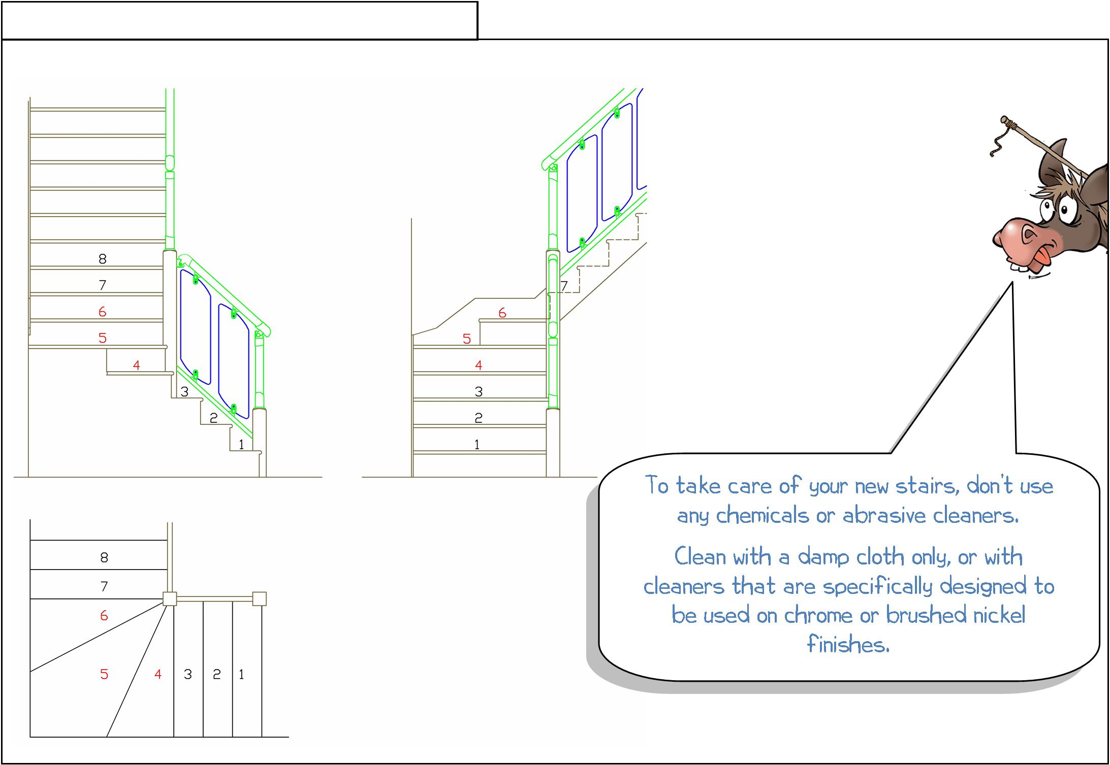 marking out, Fusion GLASS  panels, GLASS  panels, staircases, landings, Fusion, baserails, handrails, newel posts, newel caps, WONKEE DONKEE says:"To take care of your new stairs, don’t use any chemicals or abrasive cleaners. Clean with a damp cloth only, or with cleaners that are specifically designed to be used on chrome or brushed nickel finishes."
