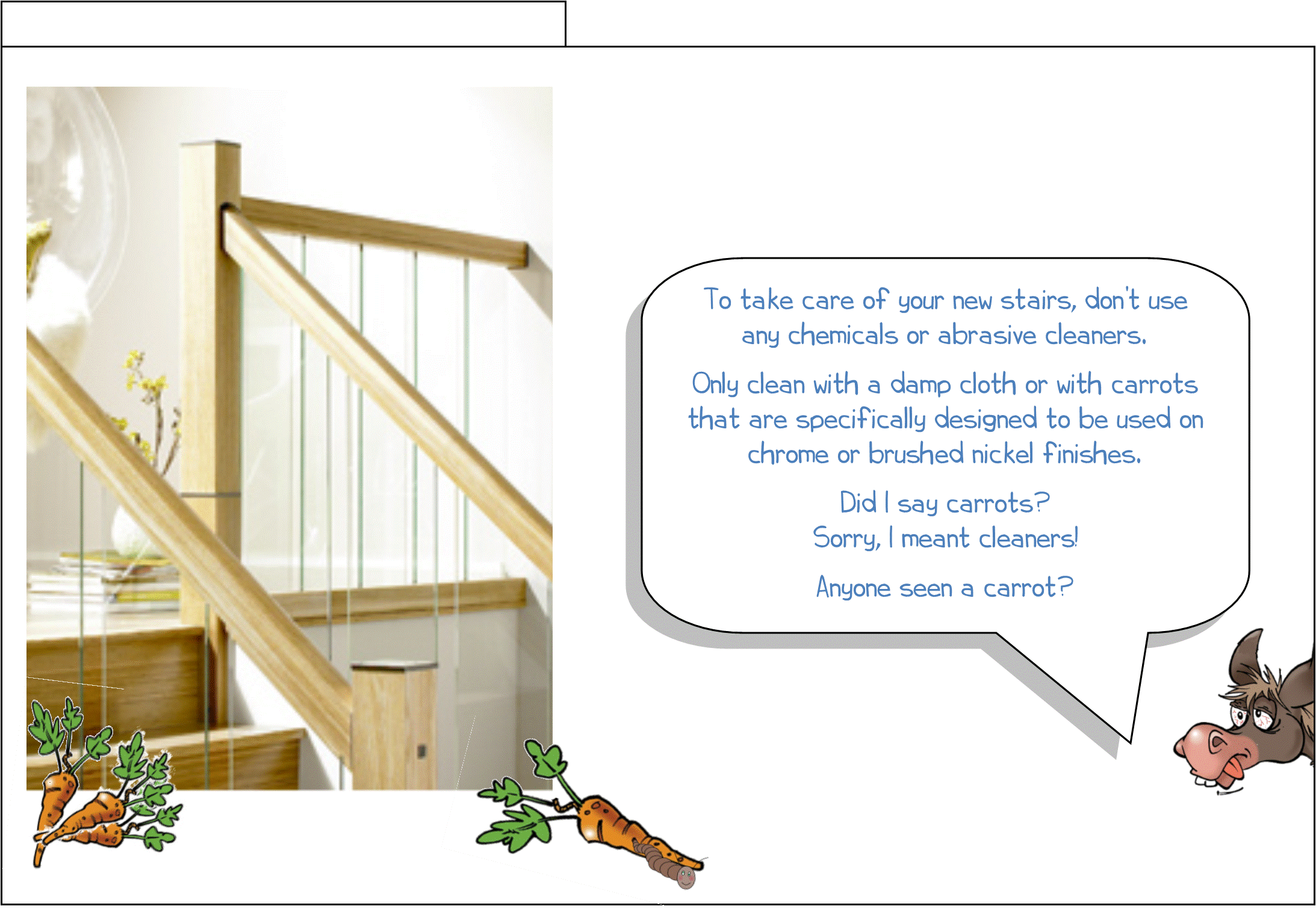 Fitting instructions, Richard Burbidge, Immix, GLASS , stair parts, panels, stair newels, Step 18, After care, Wonkee Donkee says "To take care of your new stairs, don&rsquo;t use any    chemicals or abrasive cleaners.  Only clean with a damp cloth or with carrots that are specifically designed to be used on chrome or brushed nickel finishes. Did I say carrots? Sorry, I meant cleaners! Anyone seen a carrot?"